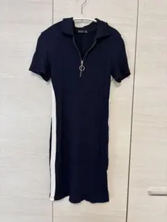 Bershka ネイビー リブニット 半袖ミニワンピース タイトのサムネイル