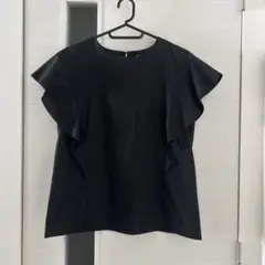 オペークドットクリップ　フリル袖 黒 半袖 トップス
