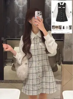 GRL 配色襟ツイードチェック柄ミニワンピース