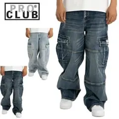 W34プロクラブPROCLUBバギーデニムカーゴワイドパンツ ダークストーン 