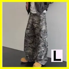 迷彩 ワイド デニム カーゴパンツ L グレー ストリート Y2K グランジ