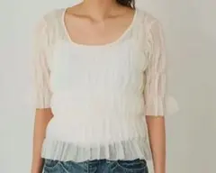 定価16500円　Loungedress　シャーリングニットブラウス　アイボリー