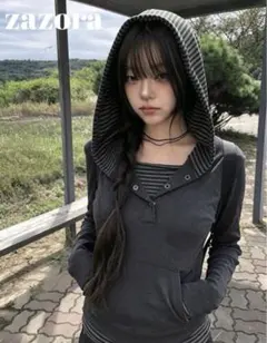 SHEIN 新品 長袖 フード付き トップス ストライプ グレー