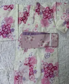 新品タグ付】☆ 女の子 浴衣 90cm 雪輪 桜 縞 白 朱赤 オレンジ 夏 
