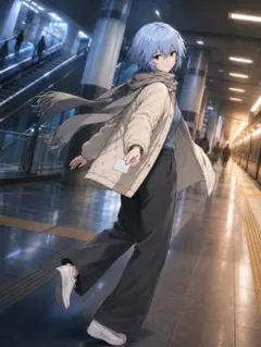 c443_アニメ調イラスト アートプリント 駅のホームで振り返る青髪の少女 キル
