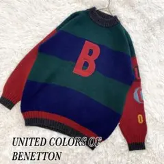 ベネトン/メンズニット/90sレトロ配色Bロゴ/ウールコットン/Mサイズ