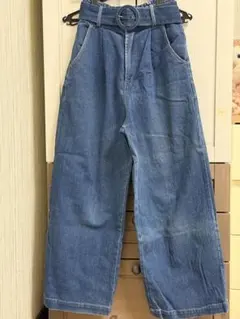 デニムブルー ワイドレッグパンツ ベルト付き