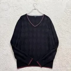 ☆ミシェルクランオム【50】黒 長袖ニット アーガイル Vネック ウール混 薄手