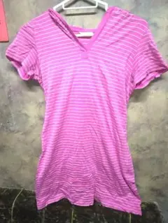 ピンク ストライプ 半袖 Vネック Tシャツ Lサイズ