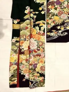 極美品　正絹振袖　袋帯付　抹茶　モスグリーン紫色花柄　金糸刺繍　写真撮影のみ