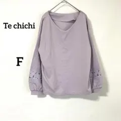 【テチチ】カットソー F 薄紫 袖刺繍 透け感 Ｖネック ゆったり 綺麗め