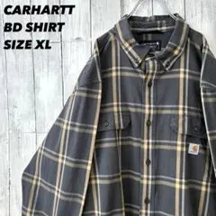 カーハート 長袖チェックBDシャツ XL チャコール×イエロー ネルシャツ 古着