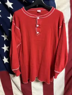 ビンテージ80s頃Healthknit ヘンリーボタンレッ長袖カットソー L赤