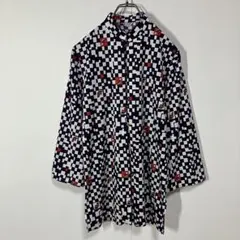 ヴィンテージ　パターン柄　レトロ　バンドカラー　ポリ　ニット　七分袖シャツ　古着