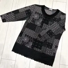 和柄　パッチワーク風　モノトーン　ゆったりサイズ　長袖　チュニック