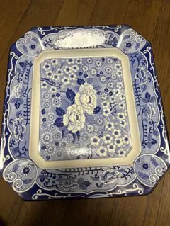 青と白の花柄八角形皿　昭和