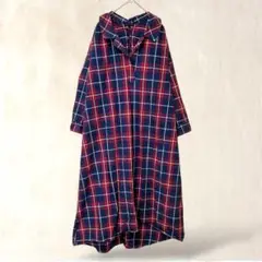 【キャスティータ】ロング丈シャツワンピース　M　ネイビー系　チェック　後ろリボン
