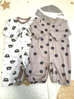 クマ柄と水玉模様ロンパース50-60cm 2セット