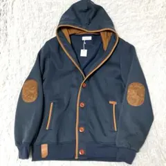 パーカー メンズ　L 新品　紺　肘パッチ付き　ネイビー フード付き