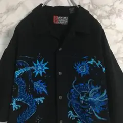 ドラゴン×ファイヤー　龍×炎　両面プリント　オープンカラーシャツ　ブラック　ＸＬ