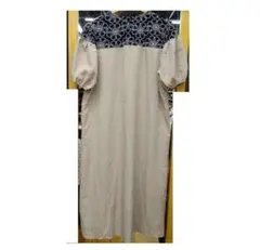 Dazy ロング ワンピース 刺繍 パフスリーブ ベージュ 黒/花柄 半袖マキシ