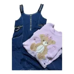 【週末売り切りSALE】デニムワンピースとクマ刺繍セーターセット