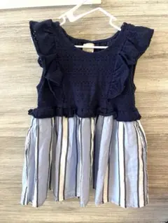 petit main ワンピース 90 女の子 フリル ネイビー ストライプ 夏