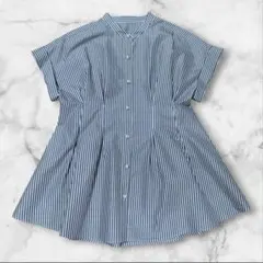 PLST プラステ　パールボタン　ストライプ　ペプラム　ブラウス　S　ネイビー