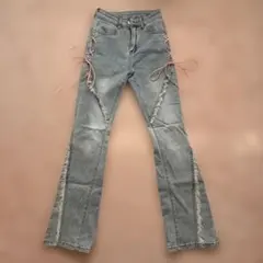 レースアップフレアデニム グレー