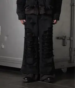 【GRANCY】スウェットドッキングデザインダメージバギーデニムパンツ