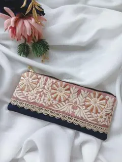 【フラットポーチ】インド刺繍×ヌビ/小物入れ（A240）