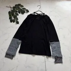 7369✾セナパルモ✾切替カットソー【F】ブラック/指通し/首元クロス/ニット