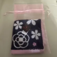 花柄タオルハンカチ ネイビー ピンク