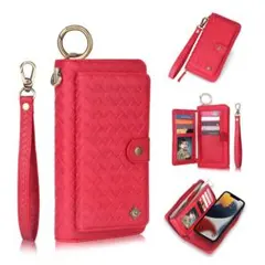 iPhone13mini ケース 赤 大容量 財布型 車載ホルダー対応