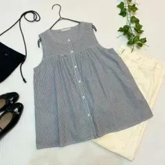 【美品✨Lサイズ】エルプラネット ストライプノースリーブノーカラーシャツ