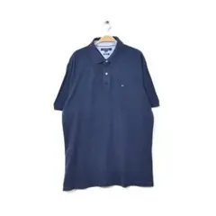 トミーヒルフィガー 鹿の子コットン 半袖 ポロシャツ 紺 無地 メンズXL 古着