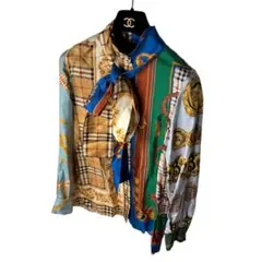 未使用 バーバリー シルク100% スカーフ柄 ボウタイ ブラウス 36