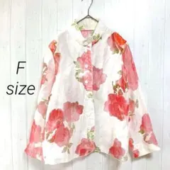シースルーシャツ　ハイネックブラウス　F 　バラ柄　長袖