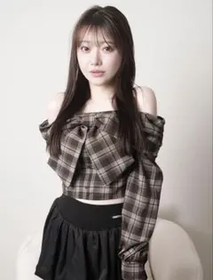 LIP SERVICE 【オフショルリボンチェックシャツトップス】