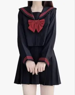 女子セーラー服 高校ブラック S長袖高生 赤蝶結ぶ 3点セット コスプレJK制服