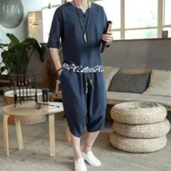 セットアップ　メンズ 綿麻　リネン　ネイビー　L　通気性　サルエル風　夏物