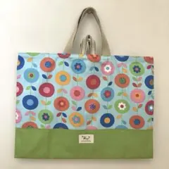 ハンドメイド　レッスンバッグ　水色地　花柄　北欧柄　フレッシュグリーン地
