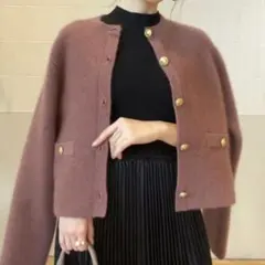 anuans ラクーンブレンドノーカラーニットジャケット　ピンク