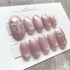 【サイズオーダー】No.240 ネイルチップ　冬ネイル　リボン　マグネット