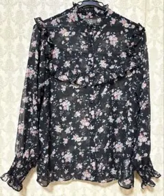 美品【ローリーズファーム】花柄フリルシフォンブラウス 長袖 黒
