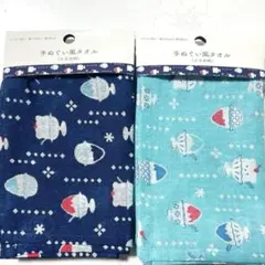 ★セリア★ 手ぬぐい風タオル かき氷柄 2種セット　青　水色のサムネイル
