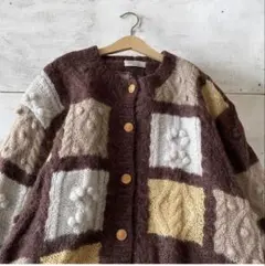 vintageヴィンテージ昭和レトロ古着ケーブル編みぽんぽんニットカーディガン