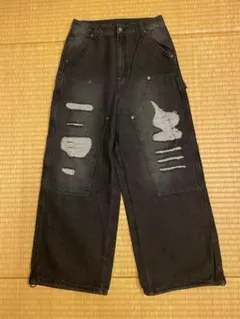 WEGO ダメージ加工 ブラックダブルニーデニムパンツ