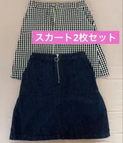 【美品】Lサイズ　ミニ　デニムスカート 2点セット　紺/白黒ギンガムチェック