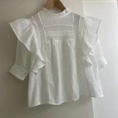 美品【セポ 】楊柳コットン　2wayブラウス　レースフリル　M